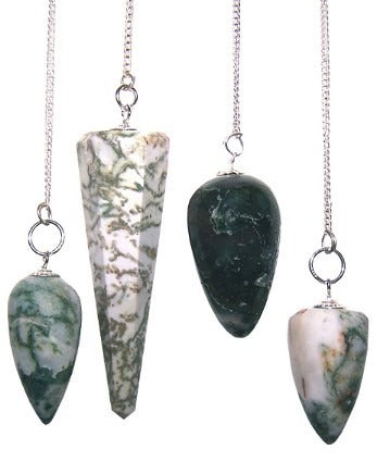 Four pendulums with green and white marbled stones hang from silver chains. Each stone has a different shape and size, shown against a white background.