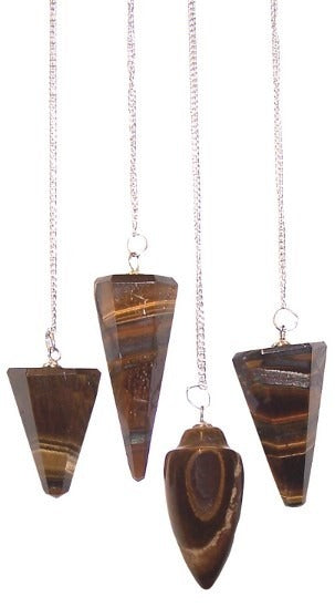 Four tiger's eye pendulums with varied shapes hang from silver chains against a white background.