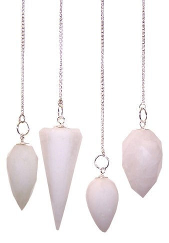 Four pendulums, of varying shapes and milky white in color, hang from silver chains against a plain white background.