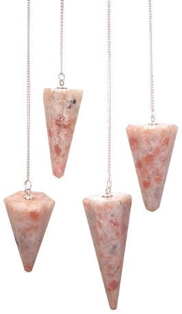 Four cone-shaped stone pendulums hang from silver chains against a white background. The stones have mottled textures of peach, white, and gray.
