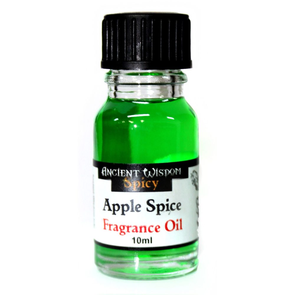 A small, clear glass bottle containing bright green Apple Spice Fragrance Oil (10ml) sits against a white background. The bottle has a black screw-on cap. The label reads "ANCIENT WISDOM Spicy Apple Spice Fragrance Oil 10ml".