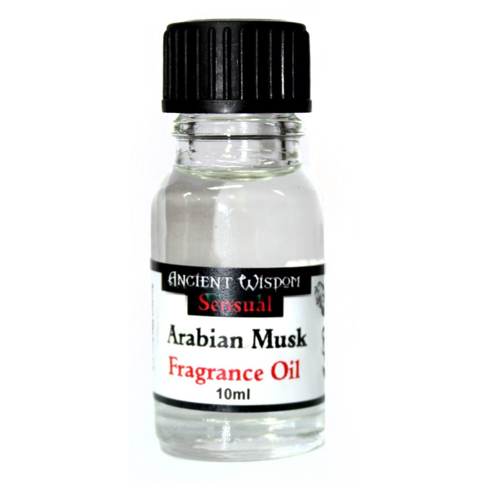 A small, clear glass bottle of Arabian Musk Fragrance Oil (10ml) sits against a white background. The bottle has a black cap and a label that reads "Ancient Wisdom Sensual".