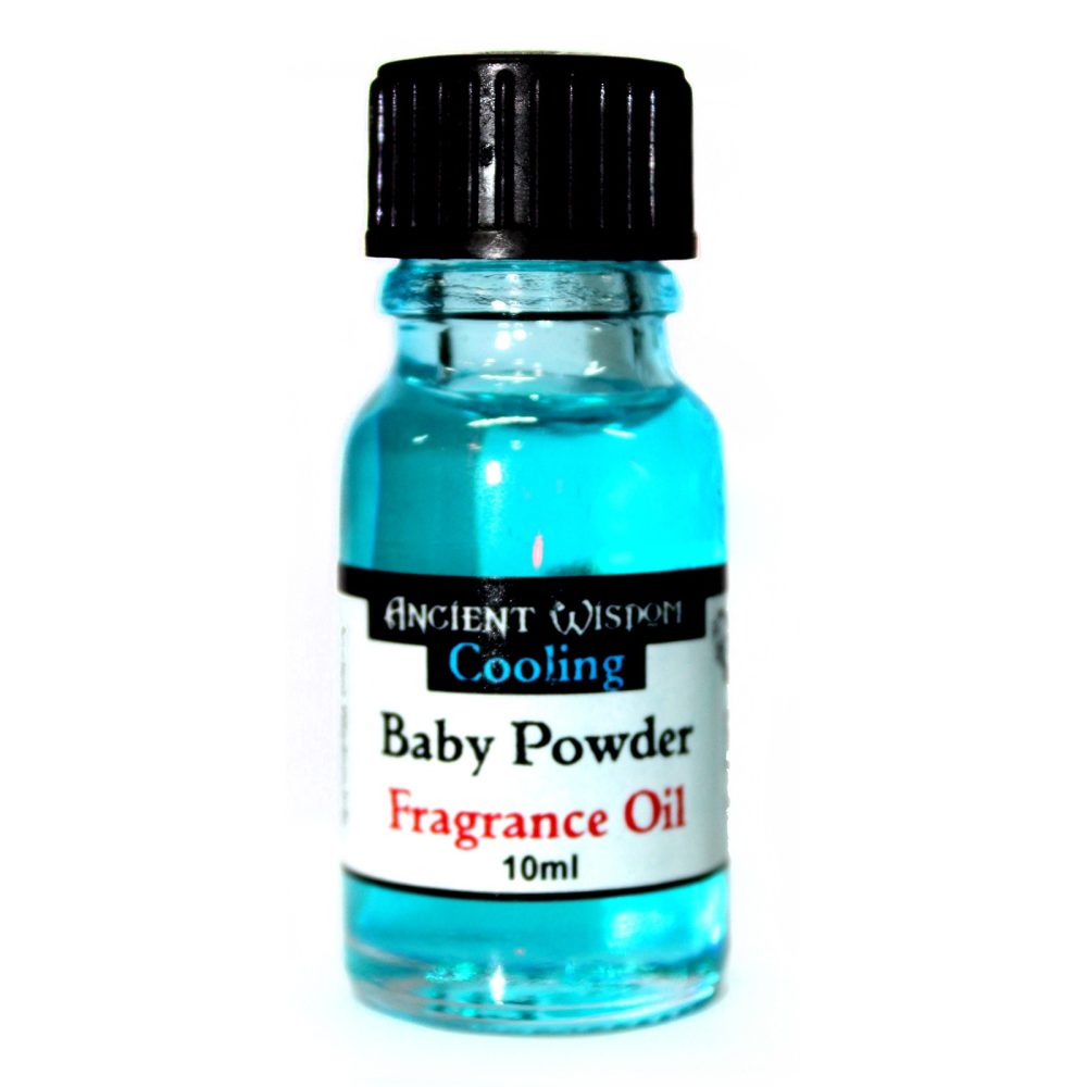 A small, clear glass bottle of light blue Baby Powder Fragrance Oil sits on a white background. The bottle has a black cap and a label that reads: ANCIENT WISDOM Cooling Baby Powder Fragrance Oil 10ml.