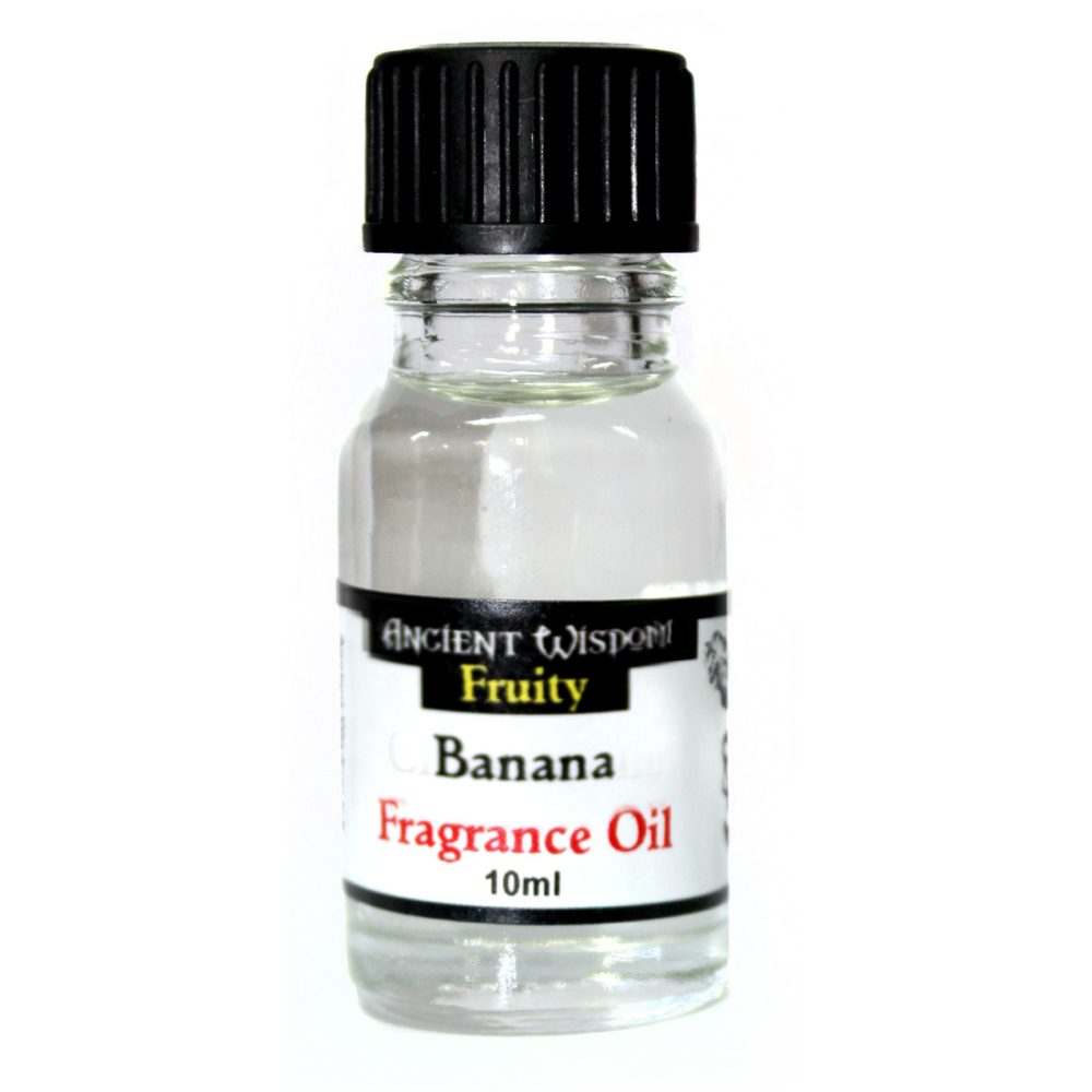 A small, clear glass bottle containing banana fragrance oil sits against a white background. The black cap is ridged. The label reads: "ANCIENT WISDOM Fruity Banana Fragrance Oil 10ml".