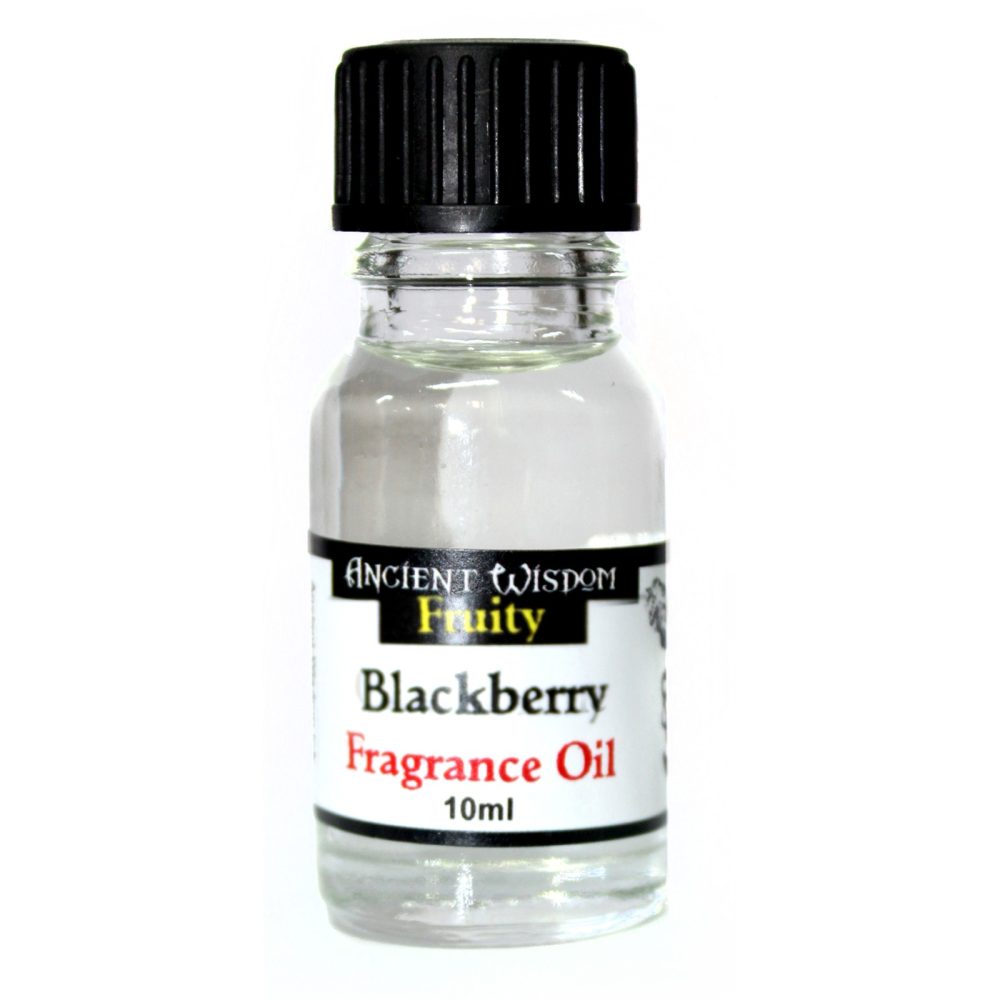 A small, clear glass bottle of blackberry fragrance oil, with a black cap, sits against a white background. The label reads: ANCIENT WISDOM Fruity Blackberry Fragrance Oil 10ml.