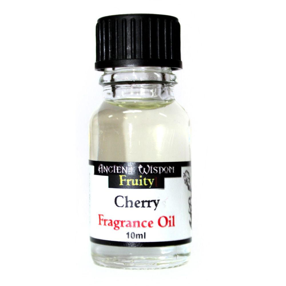 A small, clear glass bottle of cherry fragrance oil sits on a white background. The label reads: ANCIENT WISDOM Fruity, Cherry Fragrance Oil, 10ml.