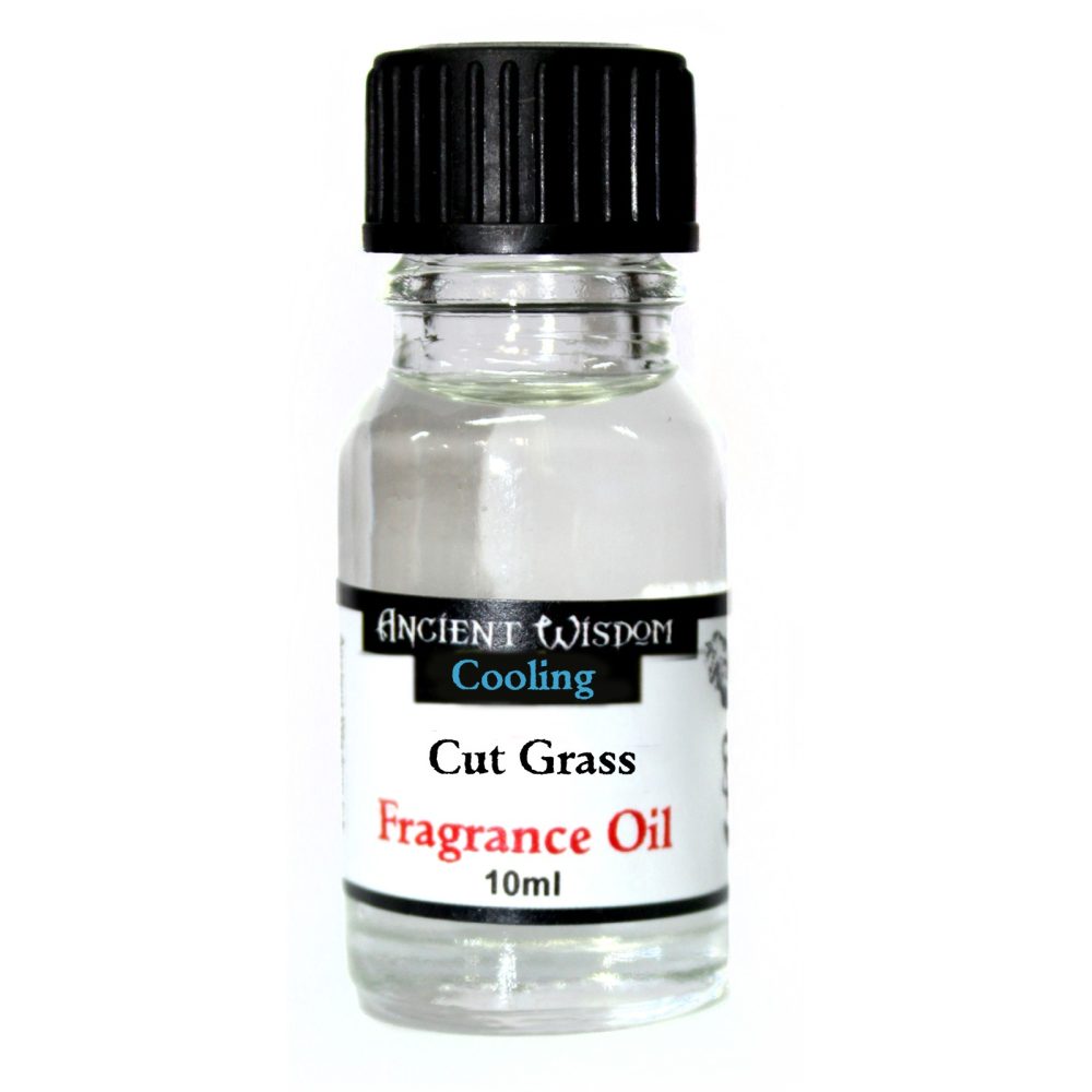 A small, clear glass bottle filled with a fragrance oil sits on a white background. The black cap is ribbed. The label reads: ANCIENT WISDOM Cooling Cut Grass Fragrance Oil 10ml.