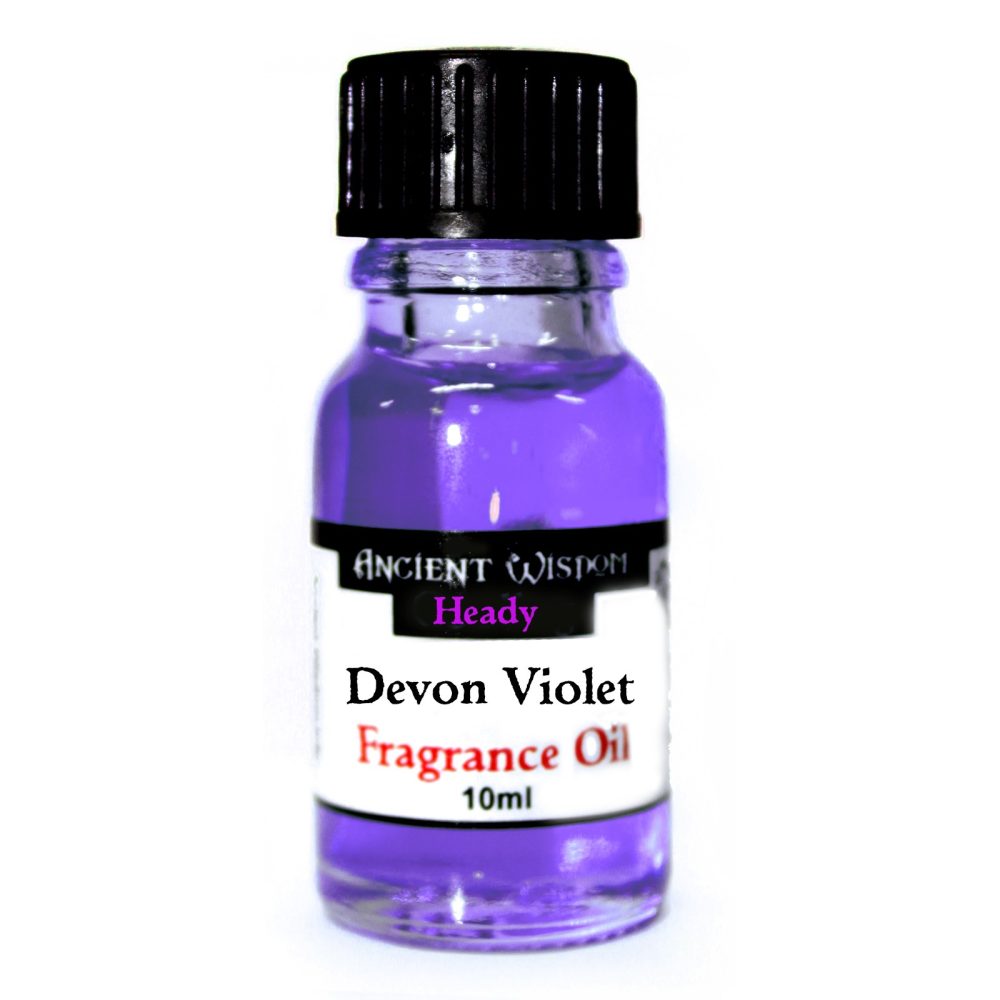 A small, purple glass bottle of Devon Violet fragrance oil sits on a white background. The bottle is topped with a black cap. The label reads: ANCIENT WISDOM, Heady, Devon Violet Fragrance Oil, 10ml.
