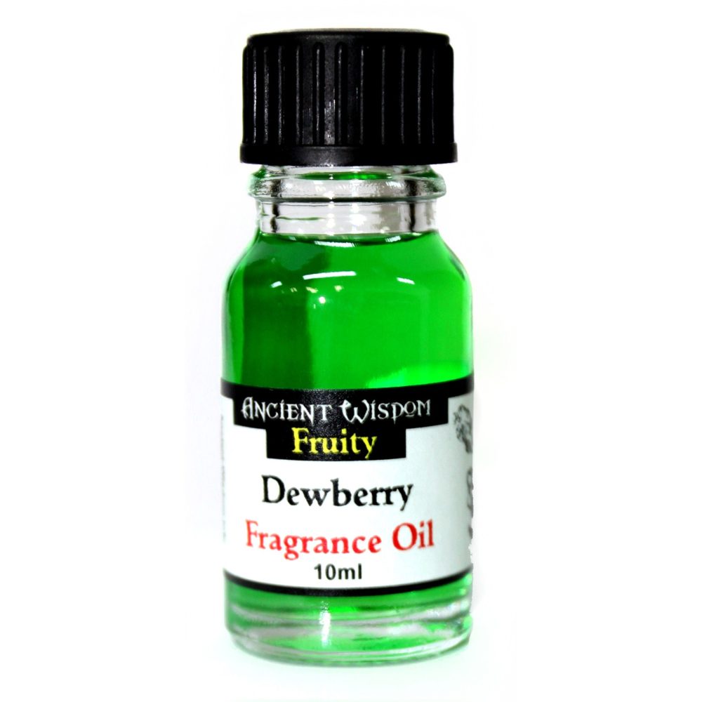A small, clear glass bottle containing bright green Dewberry Fragrance Oil sits against a white background. The label reads: ANCIENT WISDOM Fruity Dewberry Fragrance Oil 10ml.