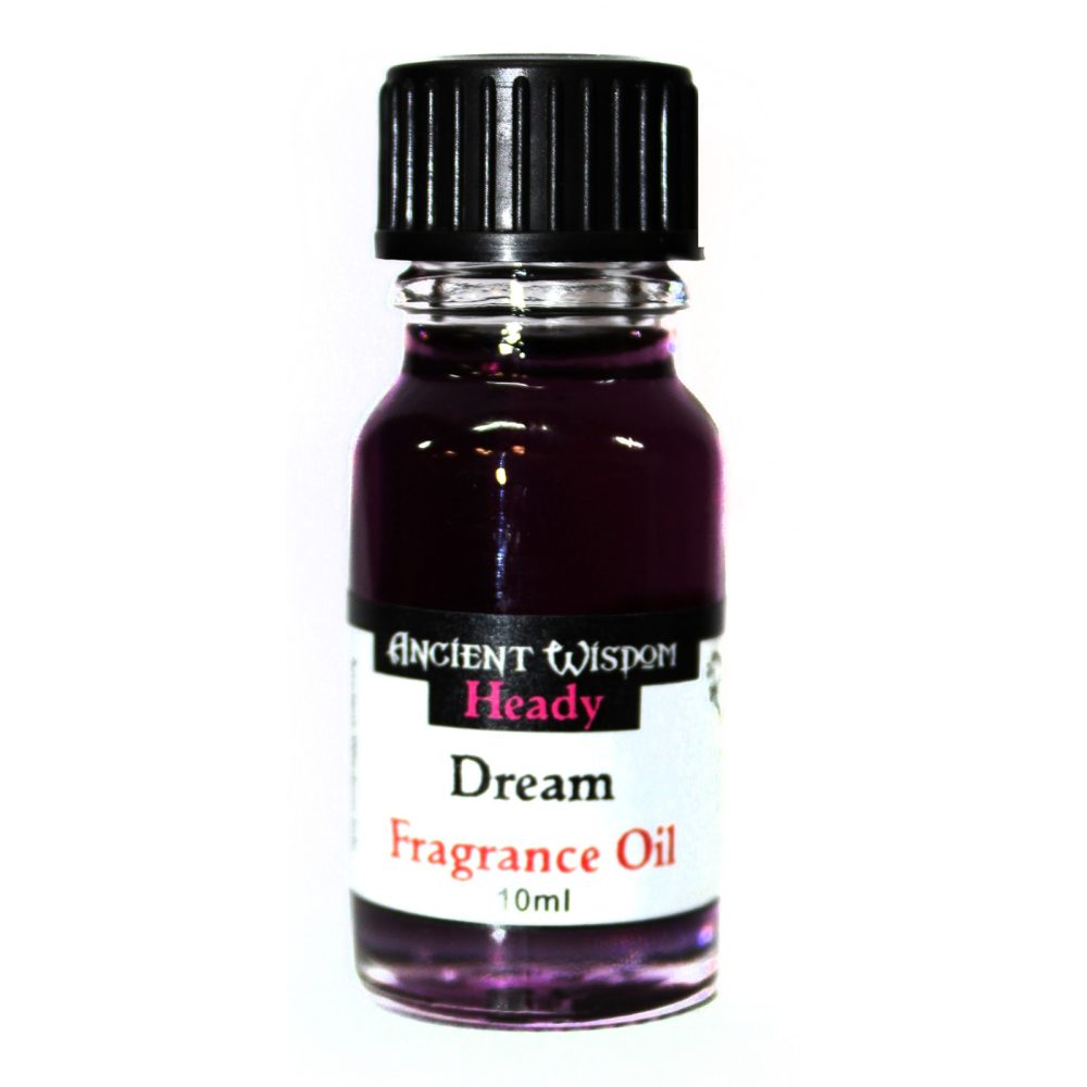 A small, dark purple bottle of Ancient Wisdom Heady Dream Fragrance Oil (10ml) sits against a white background.
