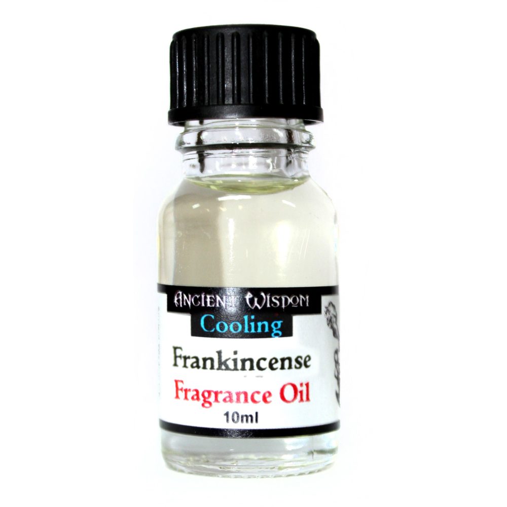 A small, clear glass bottle containing a light-colored liquid sits against a white background. The bottle is capped with black and labeled “ANCIENT WISDOM Cooling Frankincense Fragrance Oil 10ml”.
