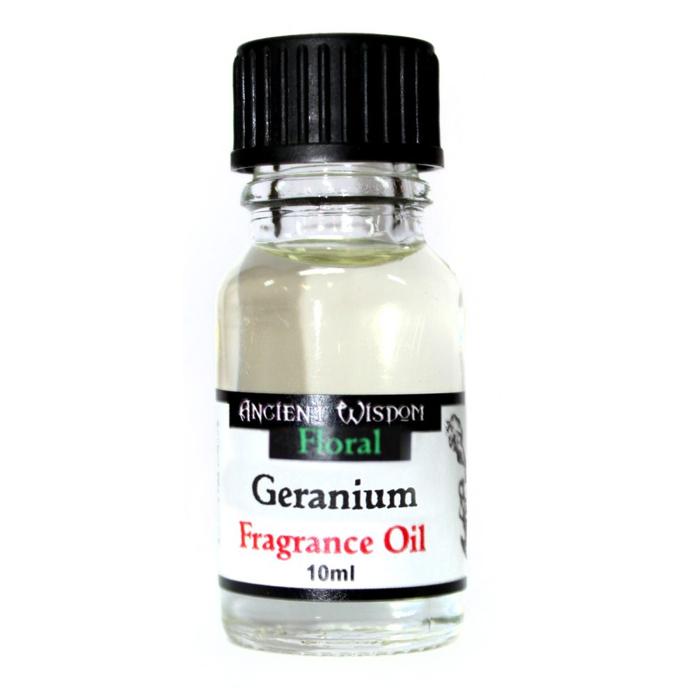 A small, clear glass bottle contains geranium fragrance oil. A black cap seals it. The label reads, "ANCIENT WISDOM Floral Geranium Fragrance Oil 10ml".