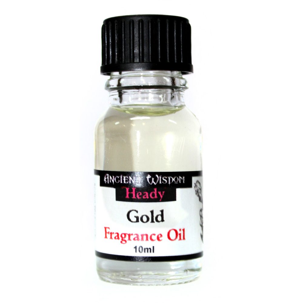 A small, clear glass bottle of Ancient Wisdom Heady Gold Fragrance Oil (10ml) sits against a white background. The bottle has a black screw-top cap.