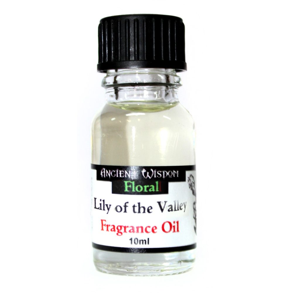 A small, clear glass bottle of Lily of the Valley fragrance oil sits against a white background. The bottle has a black cap and a label reading “ANCIENT WISDOM Floral Lily of the Valley Fragrance Oil 10ml”.