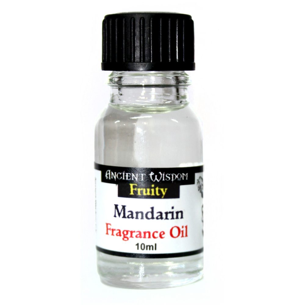 A small, clear glass bottle of Mandarin Fragrance Oil sits on a white background. The bottle has a black cap and a label that reads: "ANCIENT WISDOM Fruity Mandarin Fragrance Oil 10ml".