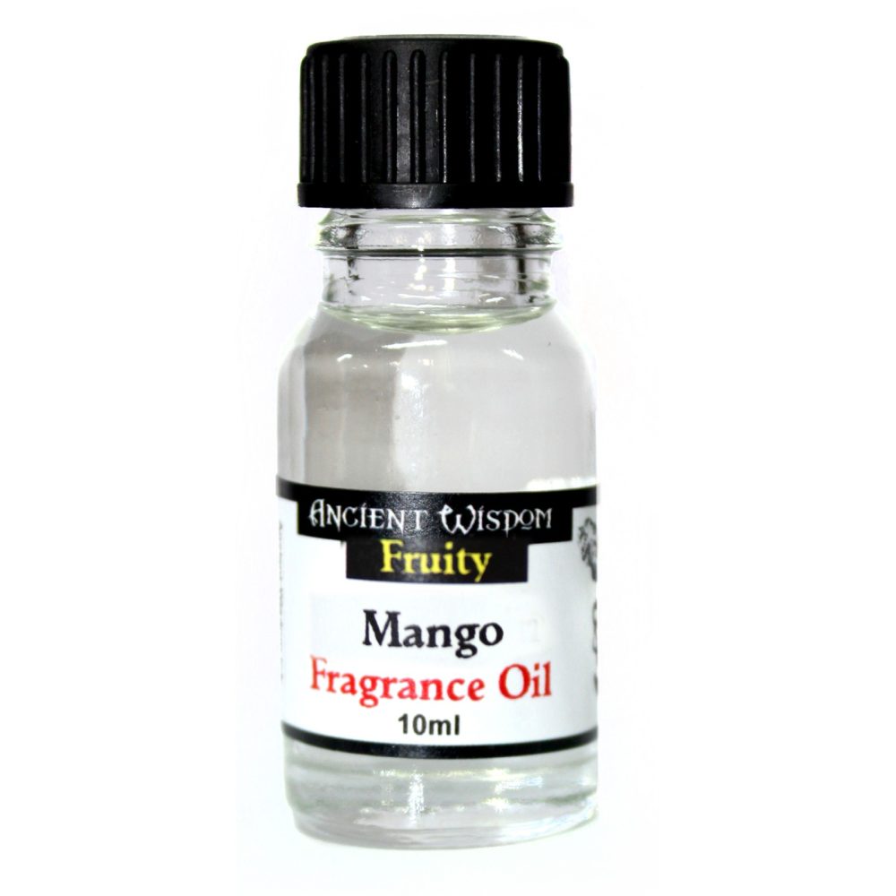 A small, clear glass bottle containing a colorless liquid sits against a white background. The bottle is topped with a black cap and has a label that reads: "ANCIENT WISDOM Fruity Mango Fragrance Oil 10ml".
