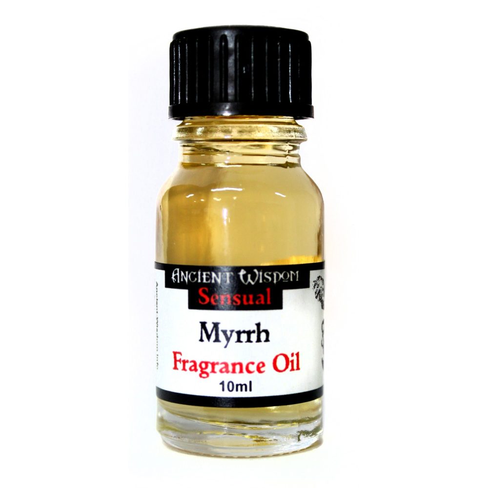 A small, clear glass bottle containing a light-yellow liquid sits against a white background. The bottle is capped with black, and a label reads: "ANCIENT WISDOM Sensual Myrrh Fragrance Oil 10ml".