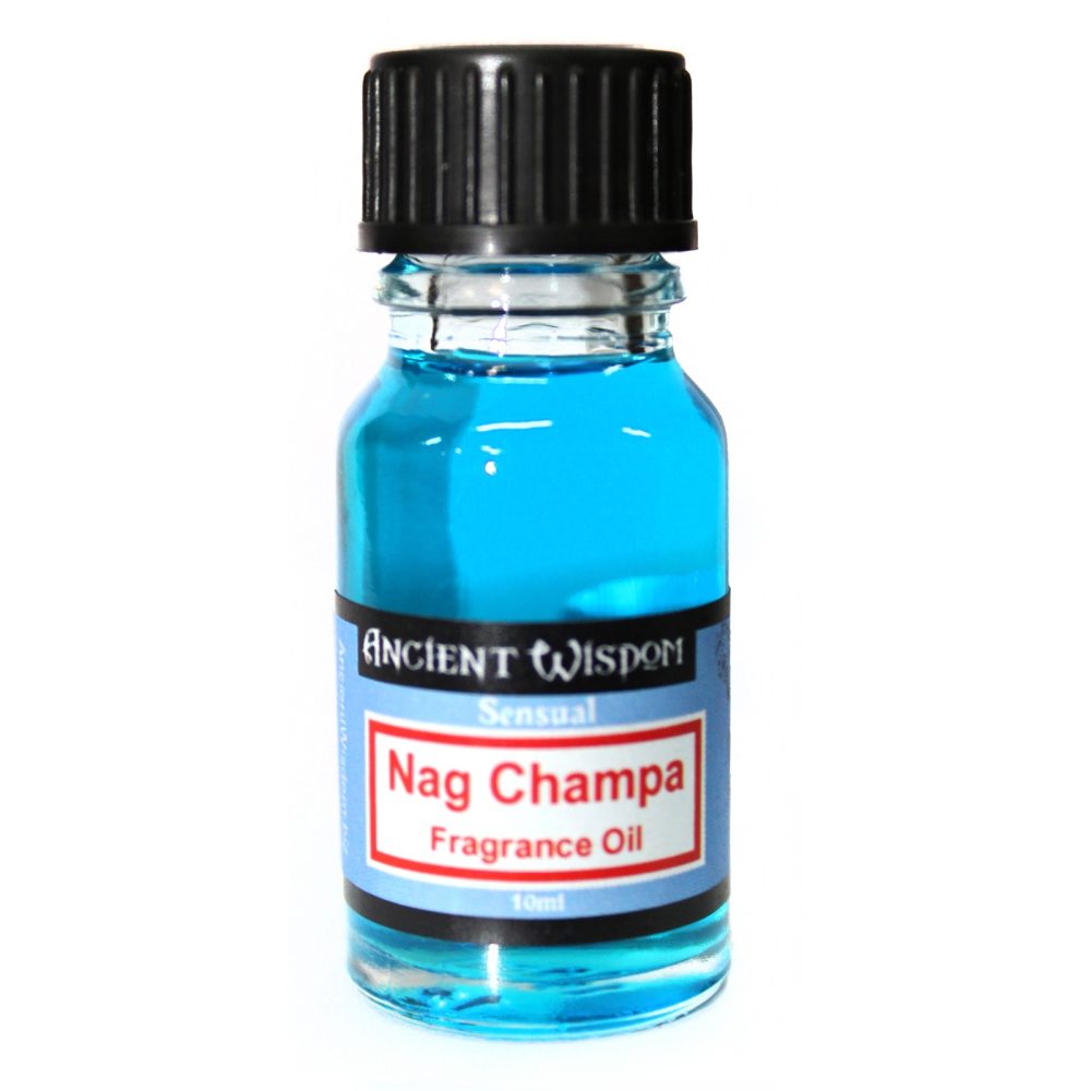 A small, clear glass bottle containing bright blue liquid sits on a white background. The bottle is capped with black and has a label reading: ANCIENT WISDOM, Sensual, Nag Champa Fragrance Oil, 10ml.