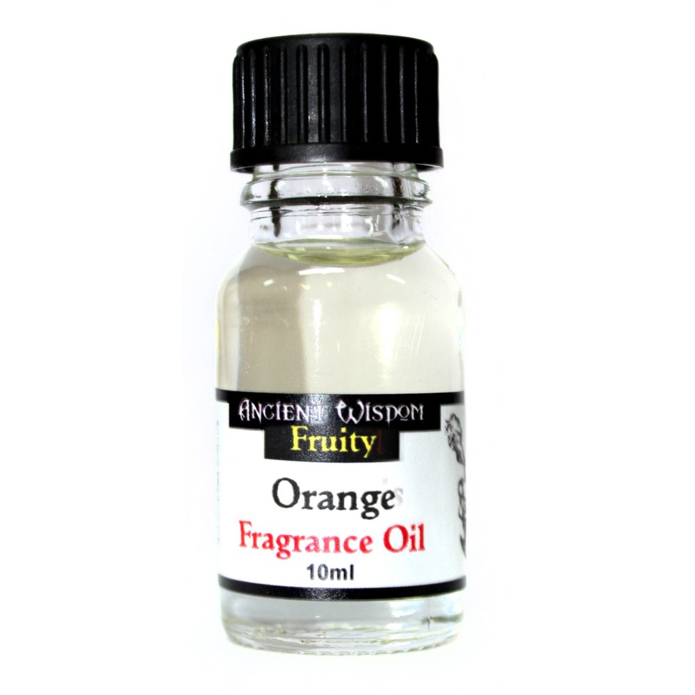A small, clear glass bottle containing a pale yellow liquid sits against a white background. The bottle is capped with black and features a label reading "ANCIENT WISDOM Fruity Orange Fragrance Oil 10ml".