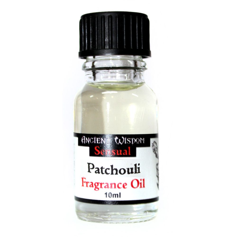 A small, clear glass bottle of Patchouli Fragrance Oil sits on a white background. The bottle contains a light yellow liquid and has a black cap. The label reads: ANCIENT WISDOM Sensual Patchouli Fragrance Oil 10ml.