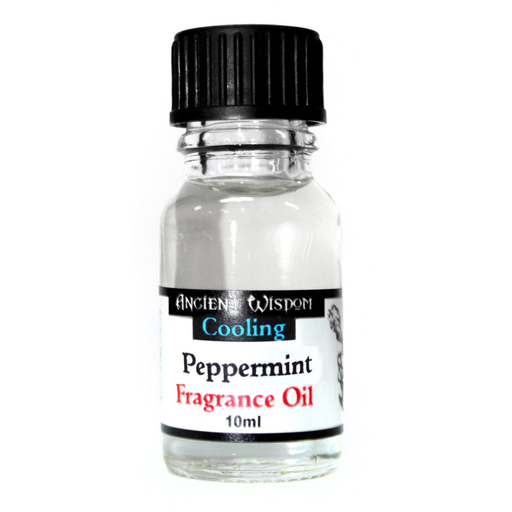 A small, clear glass bottle containing peppermint fragrance oil sits on a white background. The label reads: ANCIENT WISDOM Cooling Peppermint Fragrance Oil 10ml.