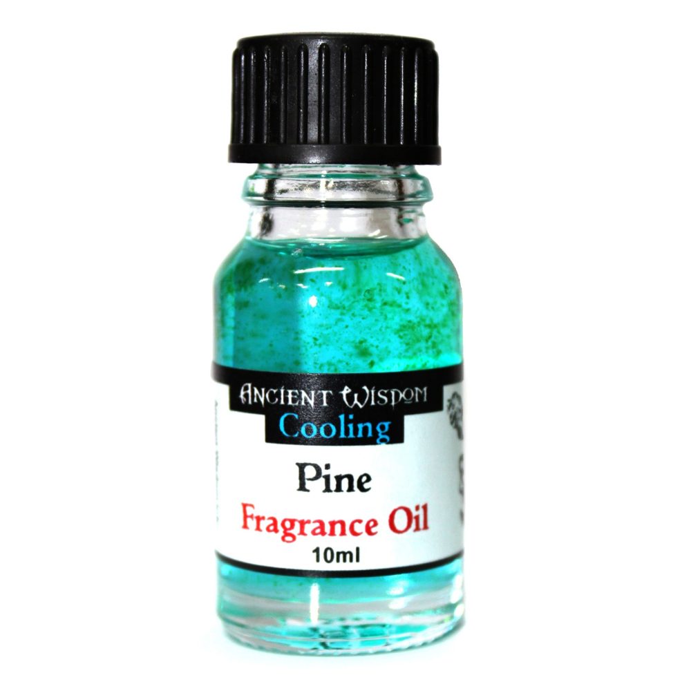 A small, clear glass bottle containing teal-colored liquid sits against a white background. The bottle is capped with black and displays a label reading: "ANCIENT WISDOM Cooling Pine Fragrance Oil 10ml".