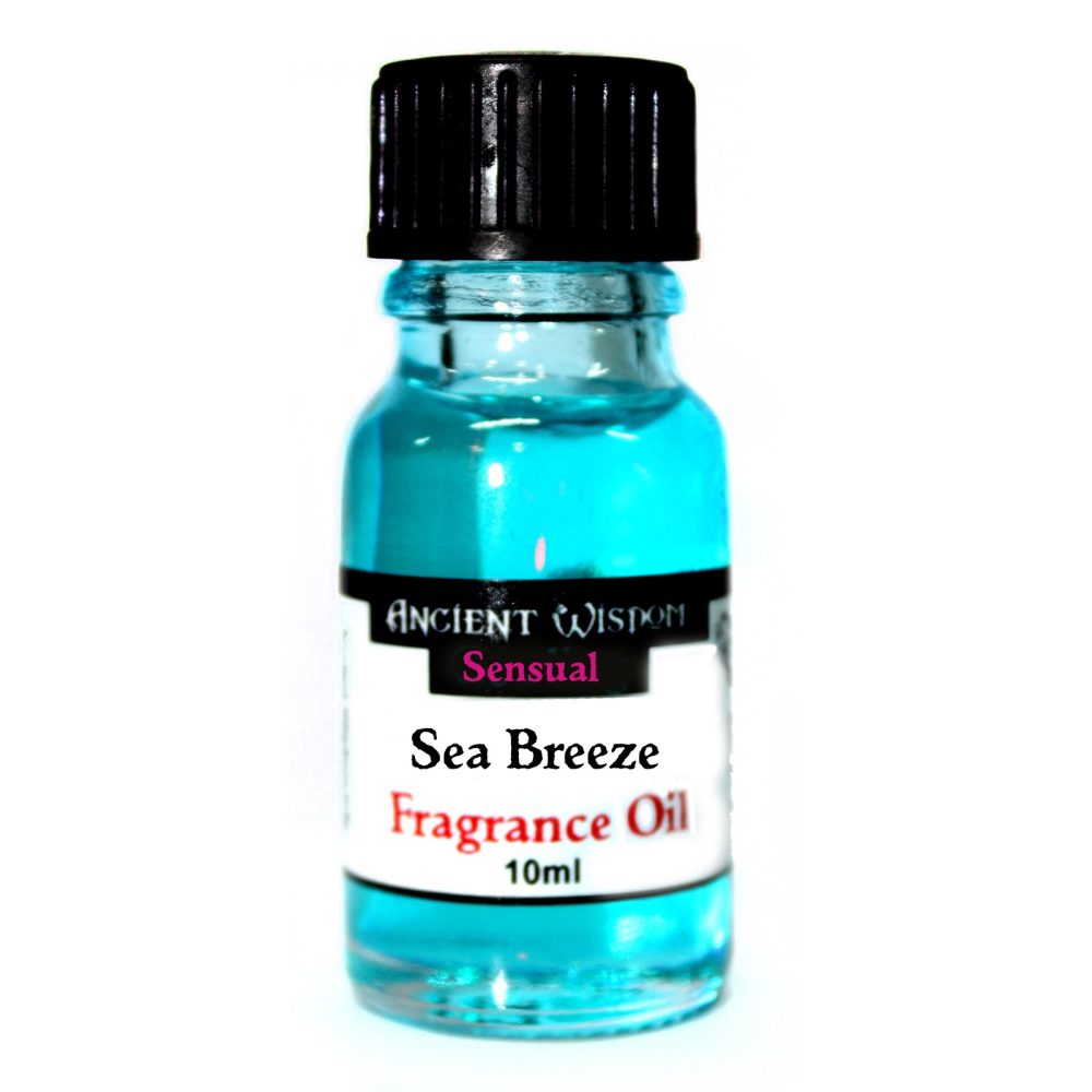 A small, clear glass bottle containing light-blue liquid sits against a white background. The bottle is capped with black and labeled "ANCIENT WISDOM Sensual Sea Breeze Fragrance Oil 10ml".