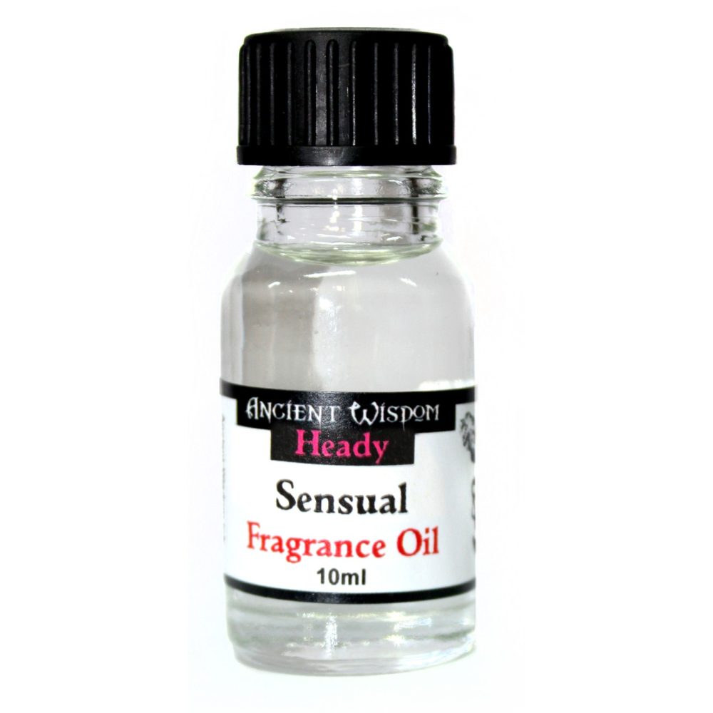 A small, clear glass bottle containing a fragrance oil sits on a white background. The label reads: "ANCIENT WISDOM Heady Sensual Fragrance Oil 10ml".