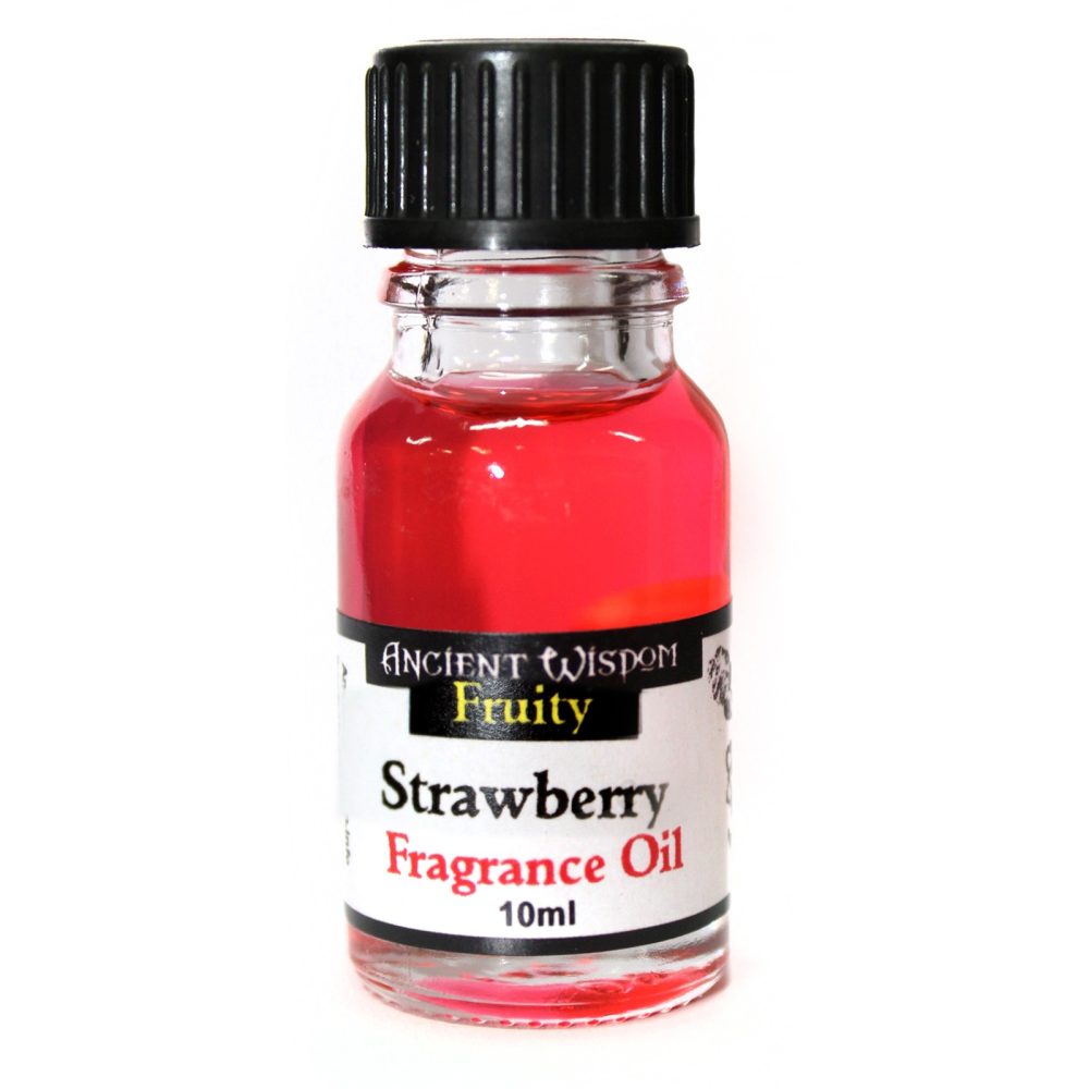 A small, clear glass bottle containing bright red liquid sits on a white background. It has a black cap and a label that reads: "ANCIENT WISDOM Fruity Strawberry Fragrance Oil 10ml".