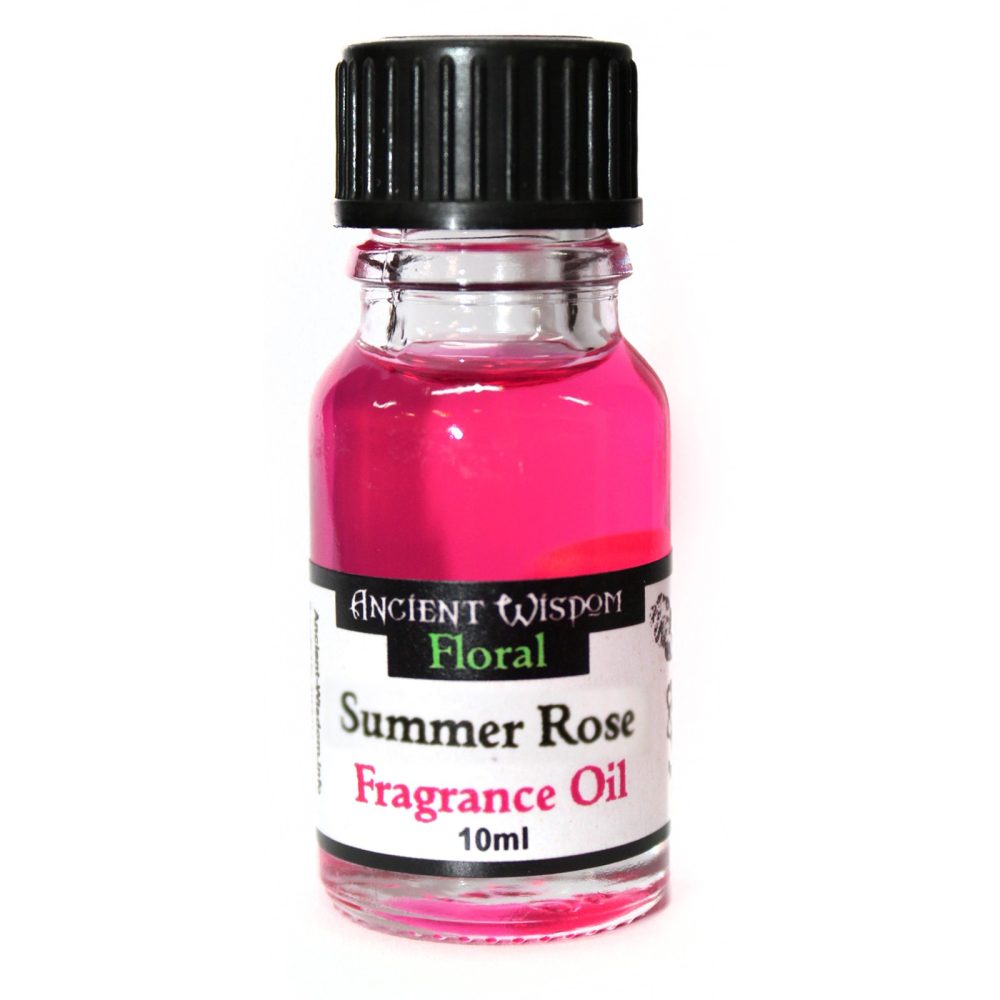 A small, pink glass bottle of Summer Rose Fragrance Oil (10ml) sits against a white background. The bottle has a black cap and a label that reads: ANCIENT WISDOM Floral.