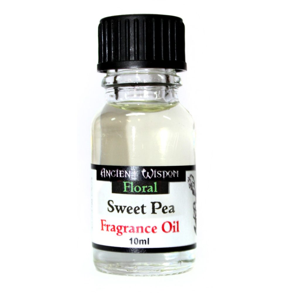A small, clear glass bottle of Ancient Wisdom Sweet Pea Fragrance Oil (10ml) sits against a white background.