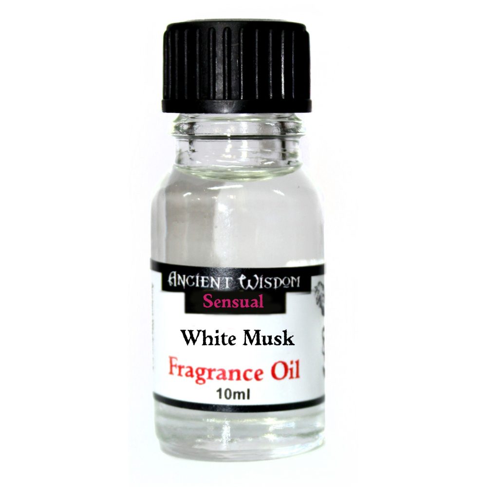 A small, clear glass bottle containing a fragrance oil sits on a white background. The black label reads: ANCIENT WISDOM Sensual White Musk Fragrance Oil 10ml.