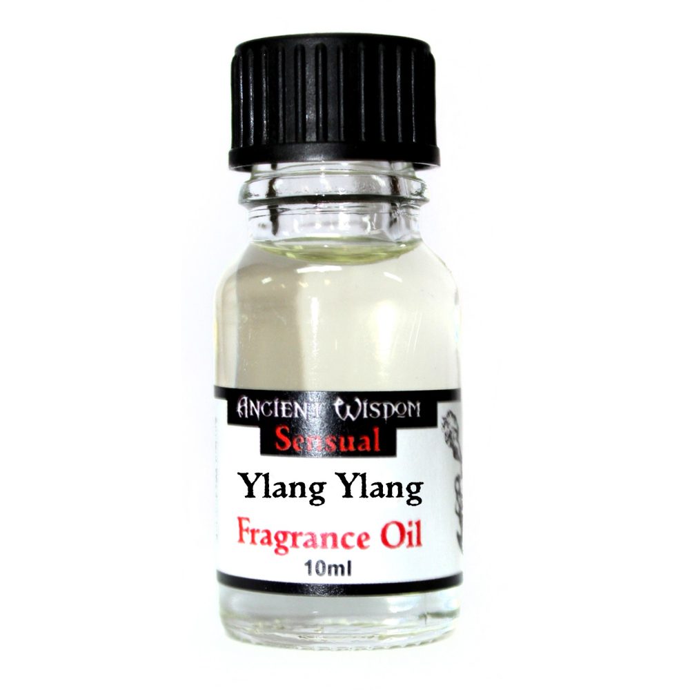 A small, clear glass bottle containing a light-colored liquid sits against a white background. The bottle is capped with black. The label reads: ANCIENT WISDOM Sensual Ylang Ylang Fragrance Oil 10ml.