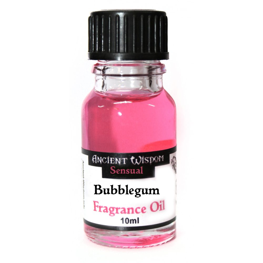 A small, glass bottle containing pink Bubblegum Fragrance Oil sits against a white background. The black cap is visible. The label reads: ANCIENT WISDOM Sensual Bubblegum Fragrance Oil 10ml.