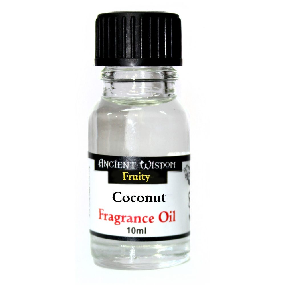 A small, clear glass bottle of Coconut Fragrance Oil sits against a white background. The black cap and label indicate it's a 10ml bottle from "Ancient Wisdom," described as "Fruity."