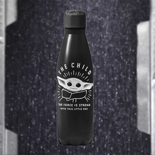 A dark, sleek water bottle features a white graphic of "The Child" with radiating lines and the text "THE CHILD," "THE FORCE IS STRONG WITH THIS LITTLE ONE." The bottle is set against a blurred background.