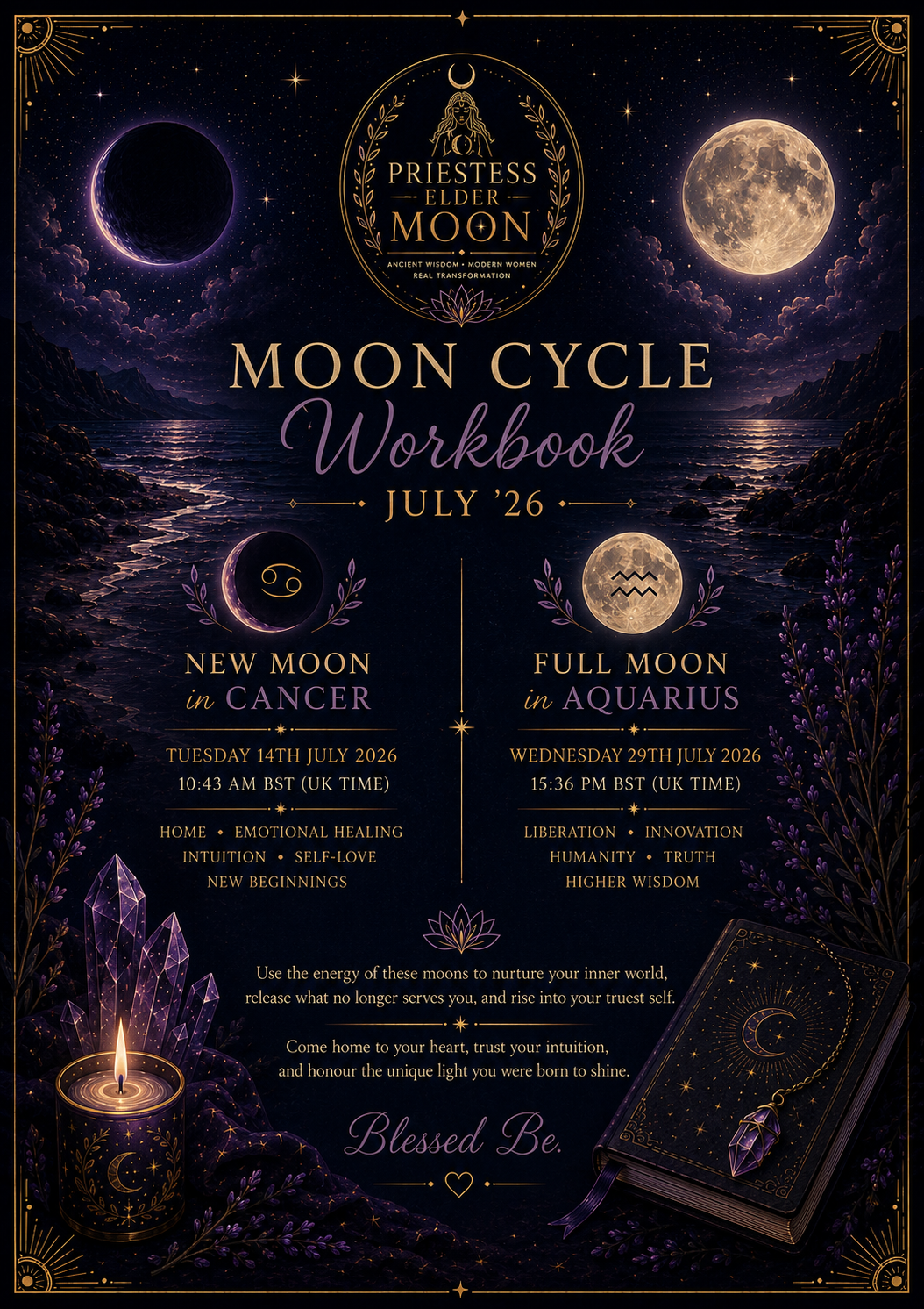 Moon Cycle Workbook July 2026 digital download featuring the New Moon in Cancer and Full Moon in Aquarius by Priestess Elder Moon.
