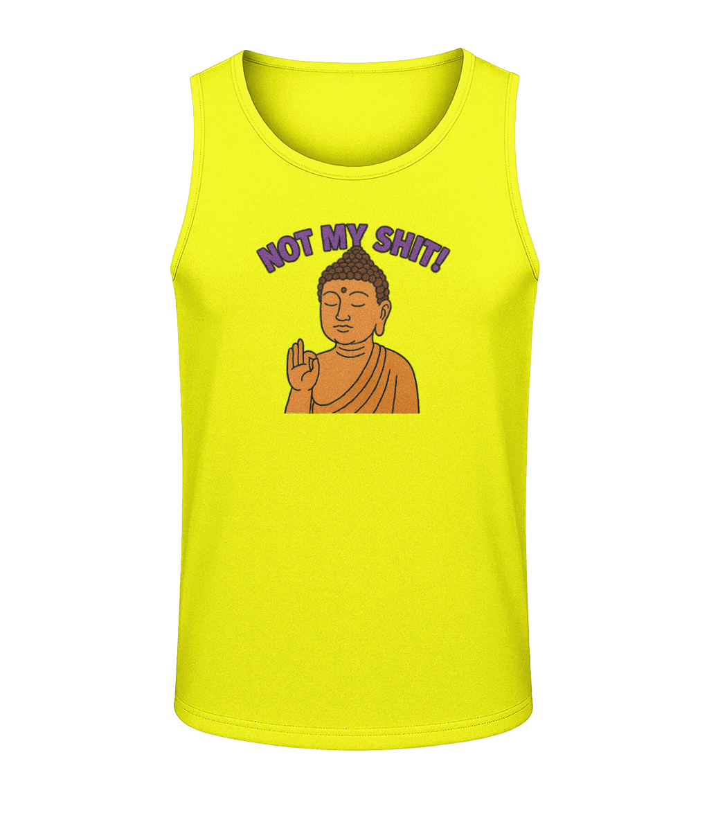 Men's Cool Vest Not My Shit - Buddha a Buddha figure with hand raised, eyes closed, with the words Not My Shit on a bright yellow vest.