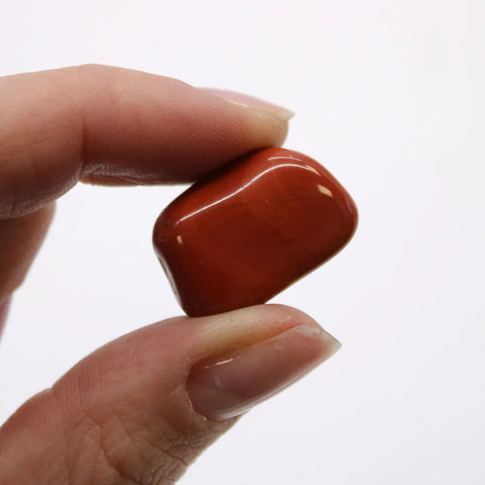A red, polished jasper stone is being held between two fingers. The backdrop is a plain, white surface.