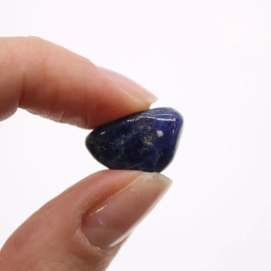 A blue lapis lazuli gemstone is pinched between two fingers, on a solid white background.