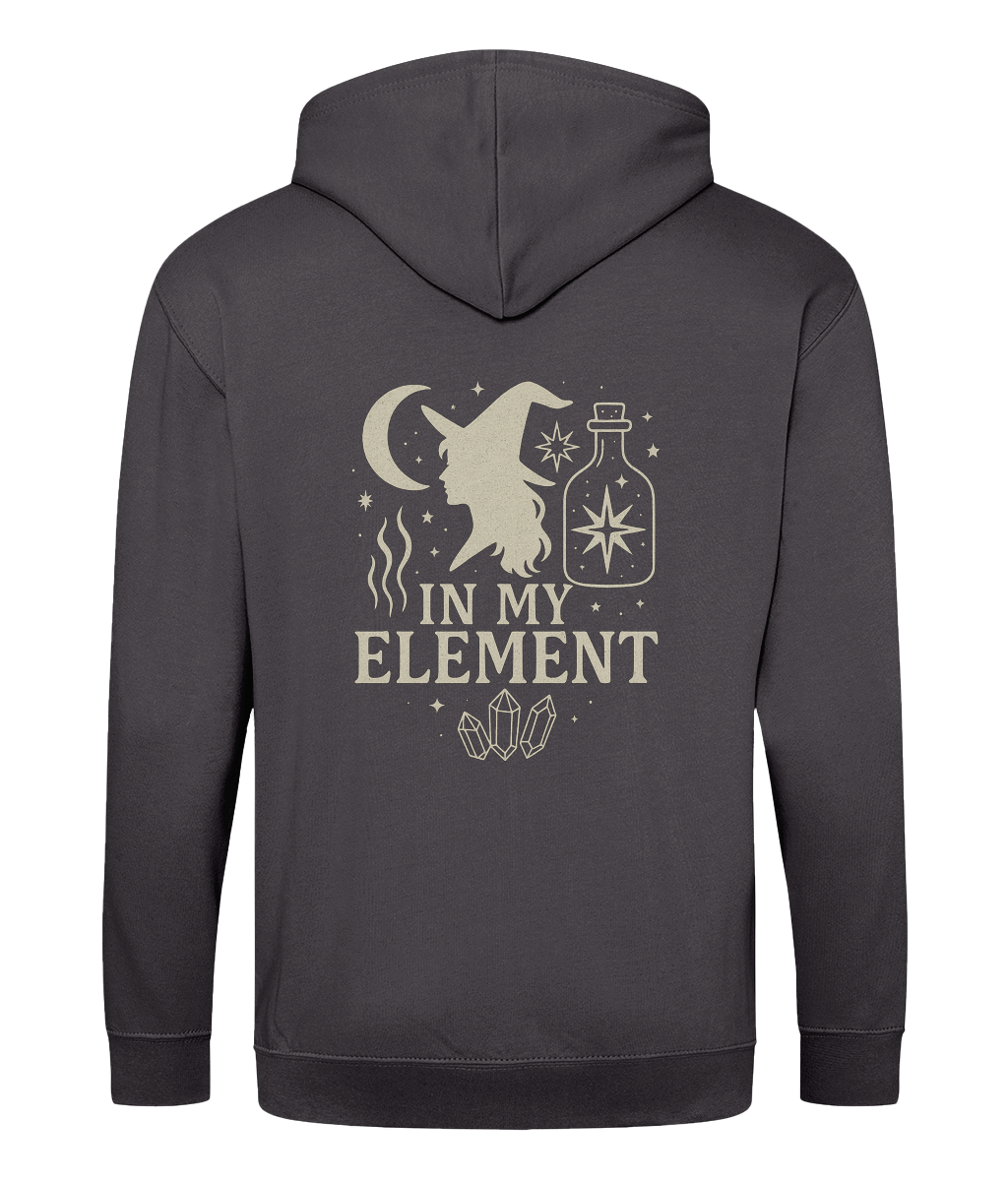 Zoodie In My Element - a sillhouette of a witch head, with a crescent moon, crystals and potions bottle in silver on the back of a dark grey hoodie