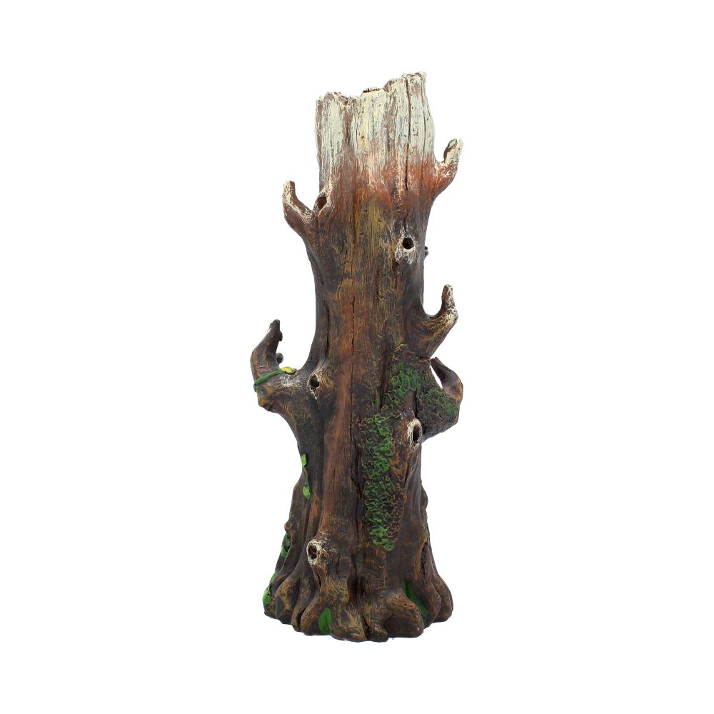 A realistic tree stump standing upright with textured bark, holes, and patches of green moss, isolated against a plain white background.