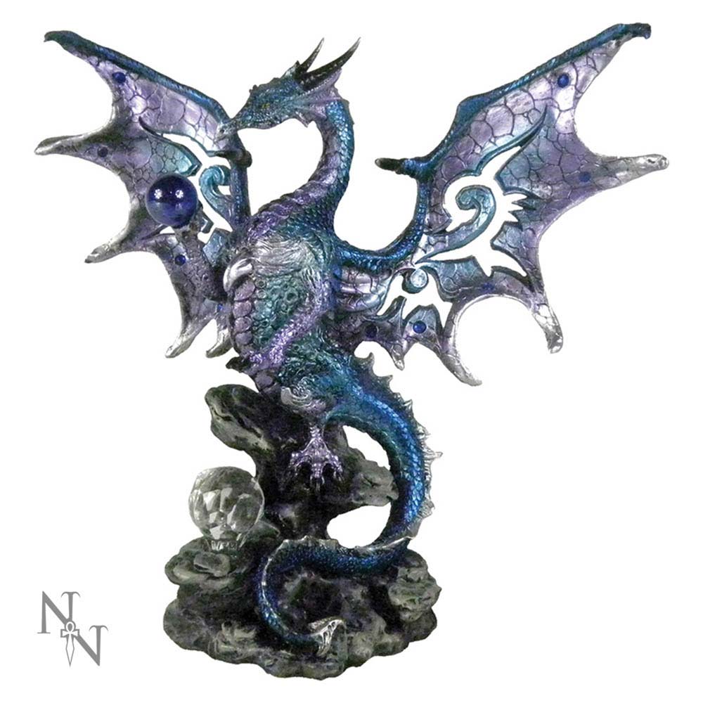 A metallic, blue and purple dragon statue with intricate scales perches on a rocky base. Its wings are extended, featuring geometric patterns. A translucent orb rests near its tail.