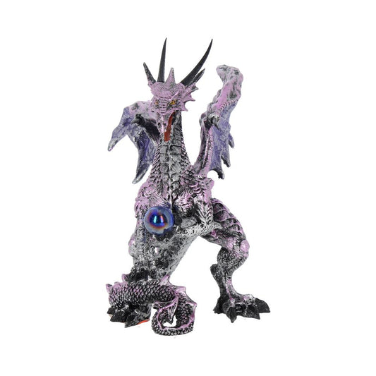 A detailed dragon figurine with purple and black scales stands upright, clutching a shimmering blue orb. It features intricate wings and sharp horns, set against a plain white background.