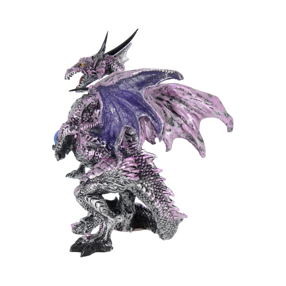A textured dragon figurine with purple wings stands in a walking pose, featuring intricate scales and horns, set against a plain white background.