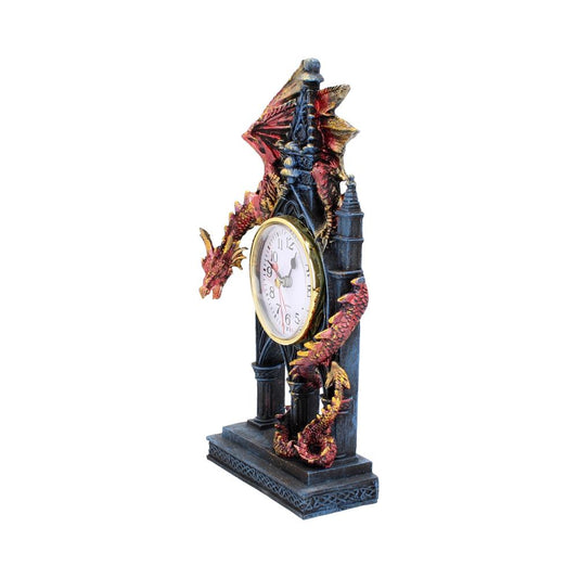A clock, shaped like a gothic structure, is adorned by a red dragon. The dragon is winding around the clock's frame. It sits on a white background.