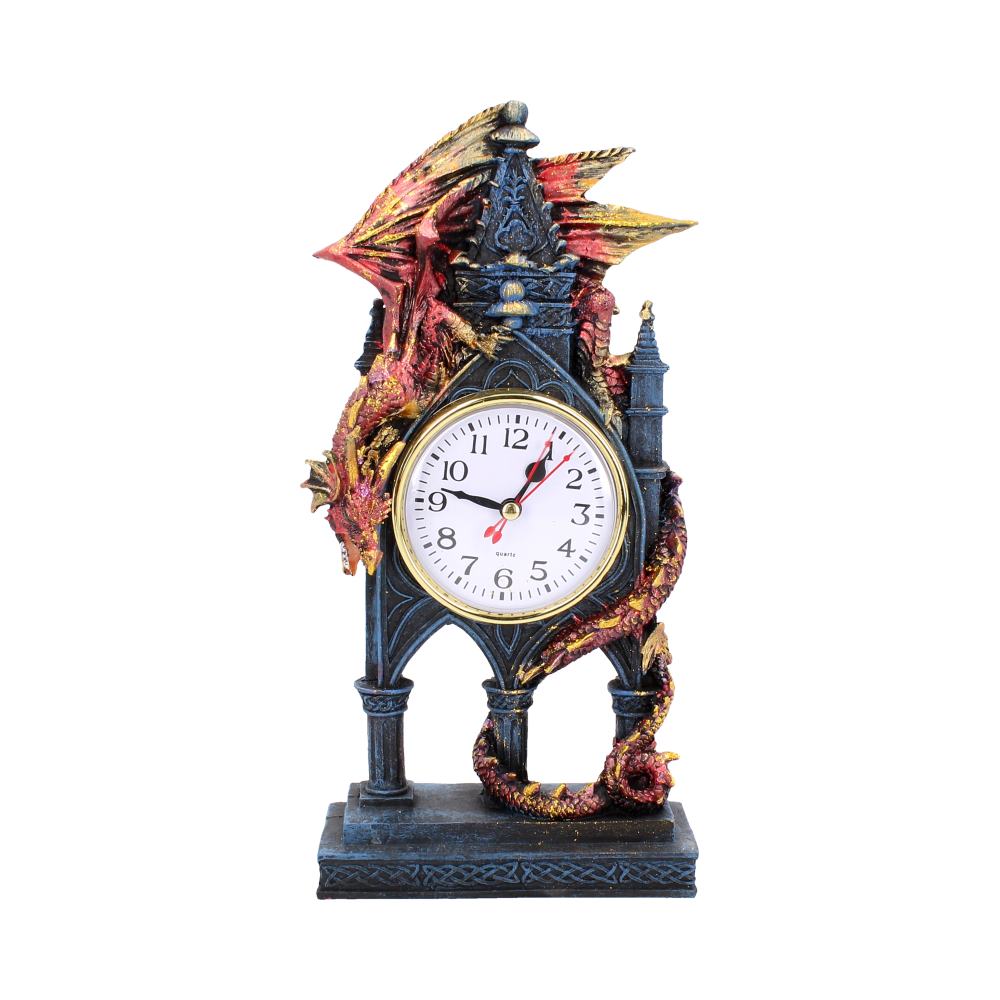 A clock, shaped like a gothic tower, is adorned by a red and gold dragon. The dragon wraps around the clock, its body forming part of the structure. The clock displays the time.
