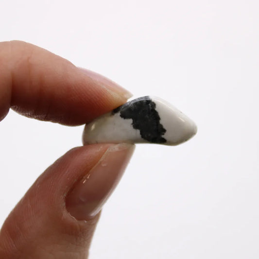 A polished, white stone with a black splotch is held between two fingers. The background is a plain white.