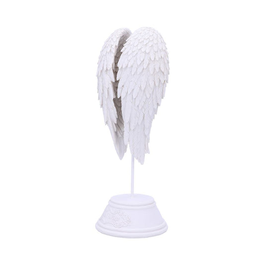 A pair of white angel wings stand upright on a small circular base via a thin support rod, centered on a bright white background.