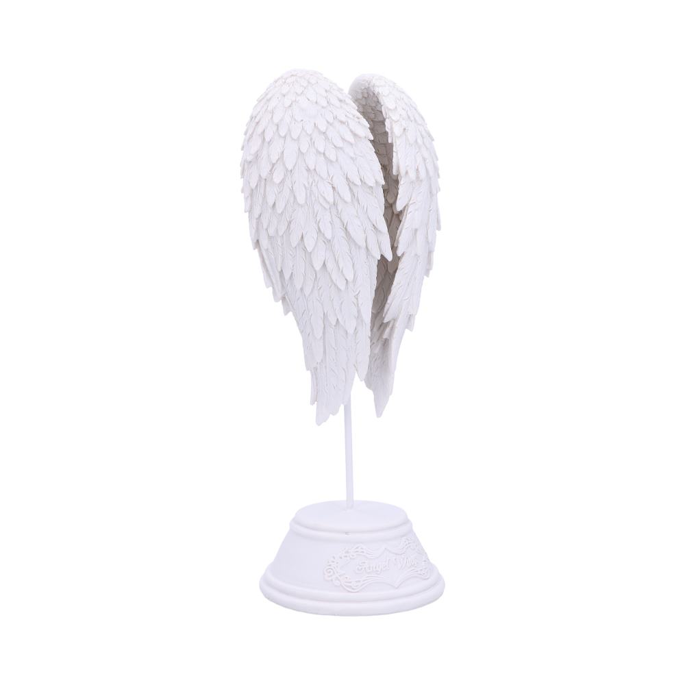 The white angel wing statue stands on a base that says "Angel Wings" in cursive font, against a white background.
